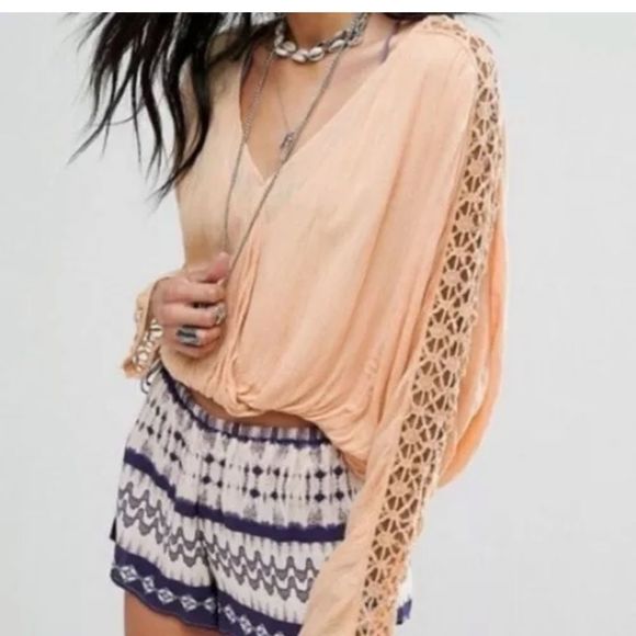 Free People Cropped Blouse Crochet Outer Sleeves - Picture 1 of 12